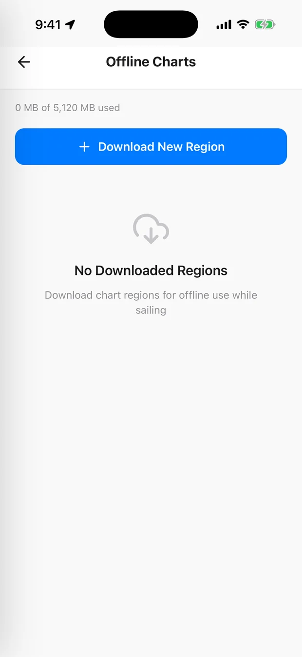 Pathr Offline Charts screen with a Download New Region button