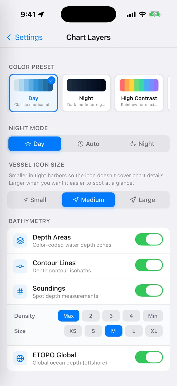 Pathr Chart Layers settings with Day, Night and High-Contrast presets and bathymetry toggles