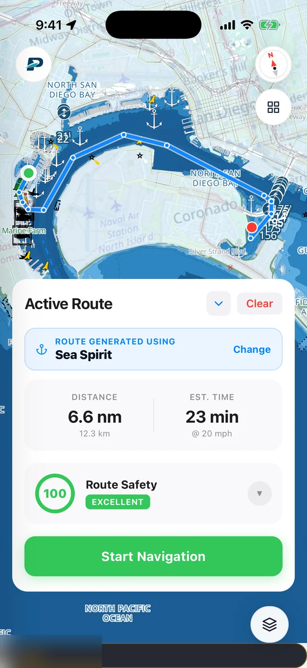 Pathr auto-generated route through San Diego Bay with distance, ETA and a Route Safety score