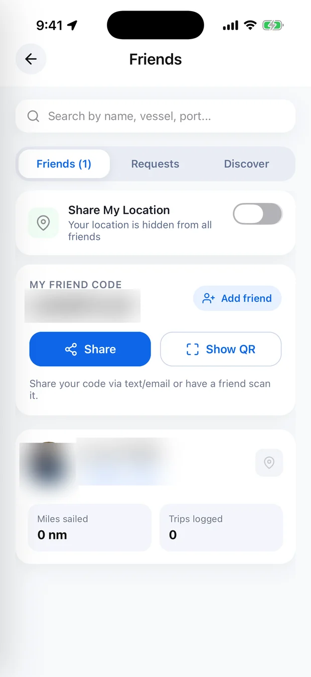 Pathr Friends screen with friend code and share-location controls